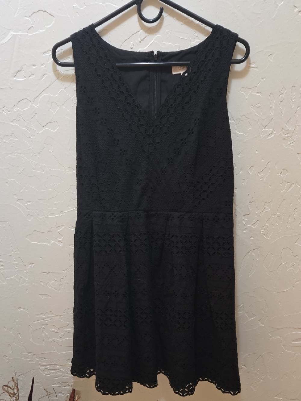 LOFT Black Sleeveless Lace Eyelet V-Neck Mini Dress